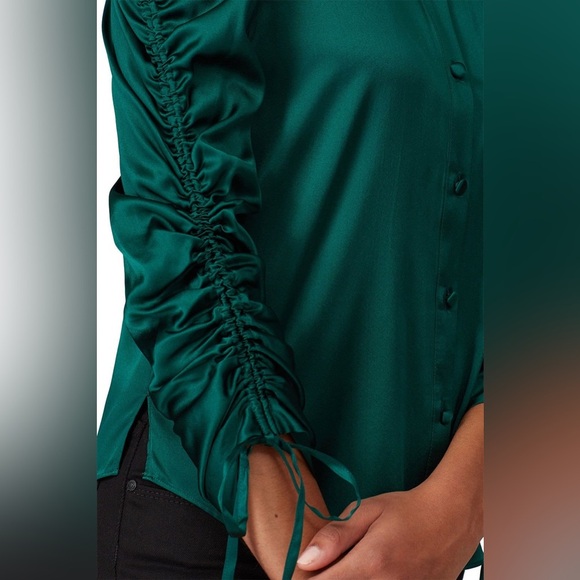 Veronica Beard Lilian Stretch Silk Button Up Ruched Blouse In Green - Picture 4 of 9